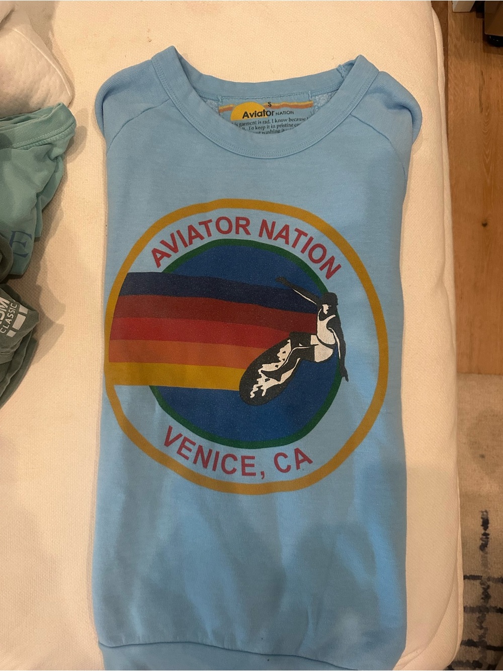 Aviator Nation Sky Blue Graphic Crewneck with Rainbow Accent